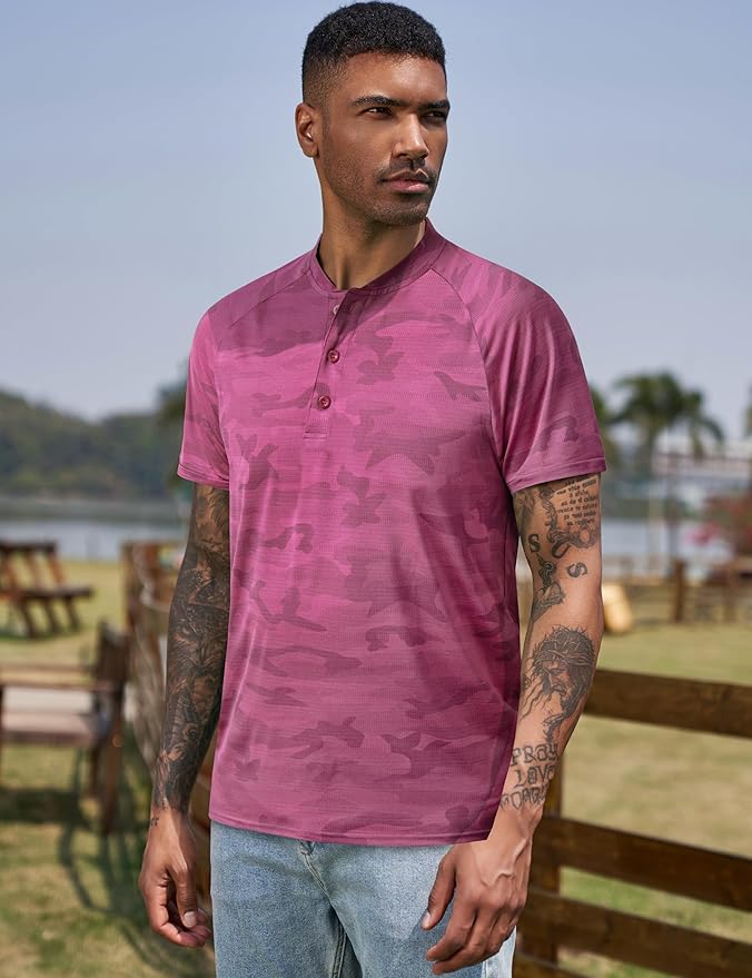 TAPULCO Mens Collarless Golf Shirts Short Sleeve Dry Fit Stretch Casual Breathable Lightweight Tshirts