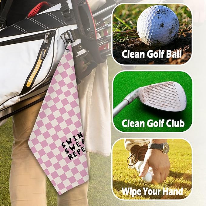 Pink Checkered Golf Towel - Trenndy Modern Sports Club Golf Bag Accessories Towel, Pink Disc Weave Waffle & Ball Towels with Carabiner Clip Gifts for Golfer Women Girls Kids, 16"x24"