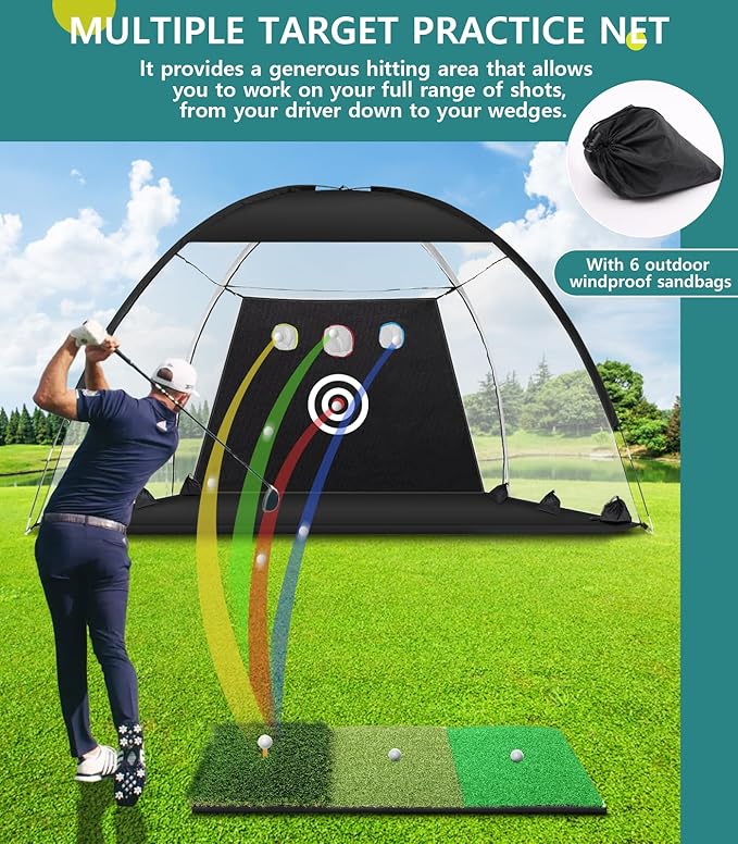 Golf Net: 10x7FT Golf Practice Net for Backyard Driving, Hitting Net with Tri-Turf Mat, Indoor Training Chipping Aid Nets with Reduce Noise Nylon Target, Gifts for Men/Dad/Him