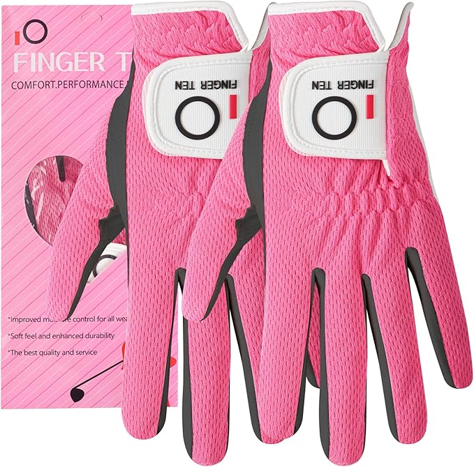 FINGER TEN Womens Golf Glove Right Handed Golfer Left Hand Rain Grip Hot Wet All Weather Value 2 Pack, Golf Gloves Breathable Flexible for Ladies Women