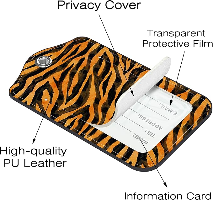 2 Pack Luggage Tags for Suitcase,Tiger Print PU Leather Luggage Tags with Privacy Cover Name Address Labels and Steel Ring,Creative Travel Accessories for Men and Women