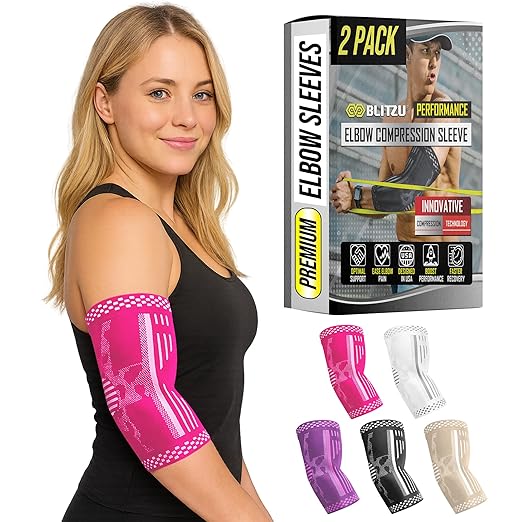 BLITZU Elbow Compression Sleeve for Tendonitis 2 Pack, Tennis Elbow Brace Support for Men and Women Golfers Elbow Pain Relief, Arthritis, Bursitis, Arm Brace for Workout, Weightlifting Pink XL