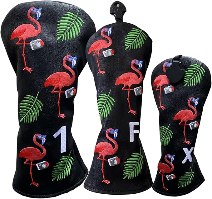 Flamingo Golf Club Headcover 3 Wood Head Cover Golf Premium（PU Leather Driver Fairway Wood Hybrid Head Cover Fits for All Brand