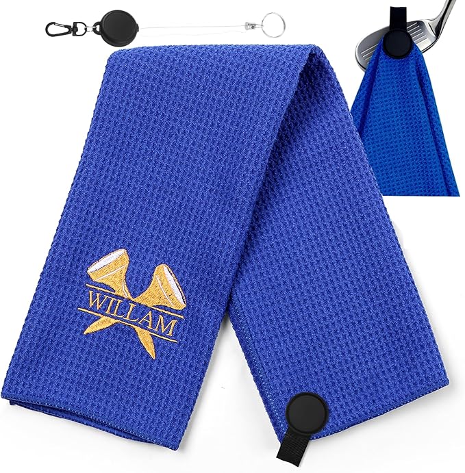 Personalized Golf Towel Custom Golf Towels for Golf Bags with Embroidery Initial Name Magnetic Golf Towel Microfiber Golf Towels with Clip Gifts for Golfers Men Women 16"x 24" (Blue)