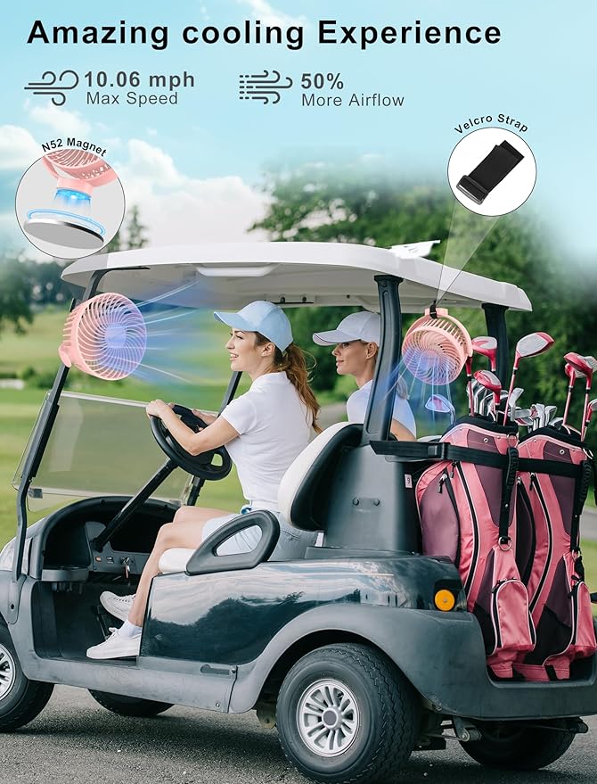 2-Pack Magnetic Golf Cart Fan Rechargeable, 12000mAH Battery Operated Portable Fan with 3 Speeds, LED Lantern, Magnetic Base, Suitable for EZGO Club Car Yamaha, Golf Cart & Cruise Ship Accessories
