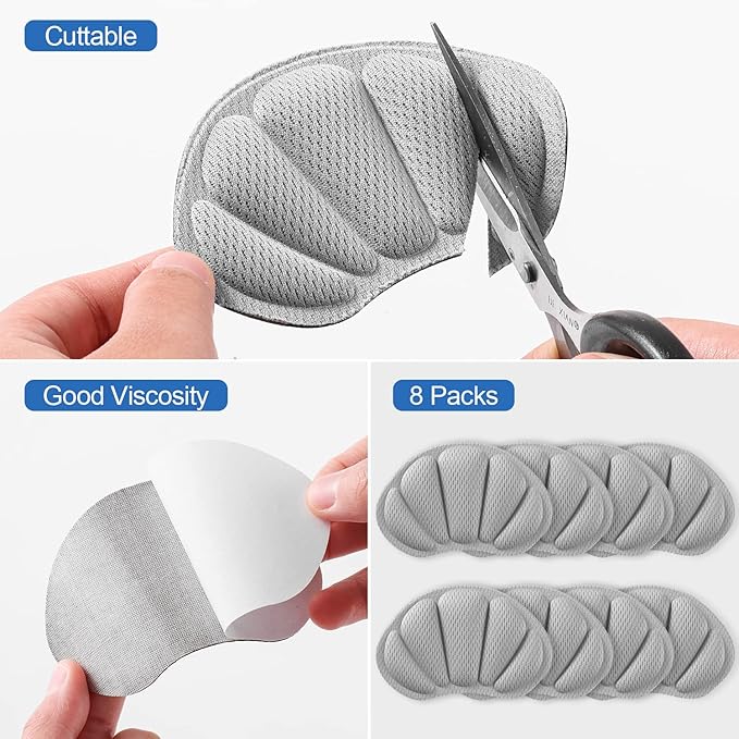 Back of Heel Cushion Pads, Adhesive Heel Grips Inserts for Loose Shoes, Shoe Slip, Heel Pain and Blister, 8PCS-Gray