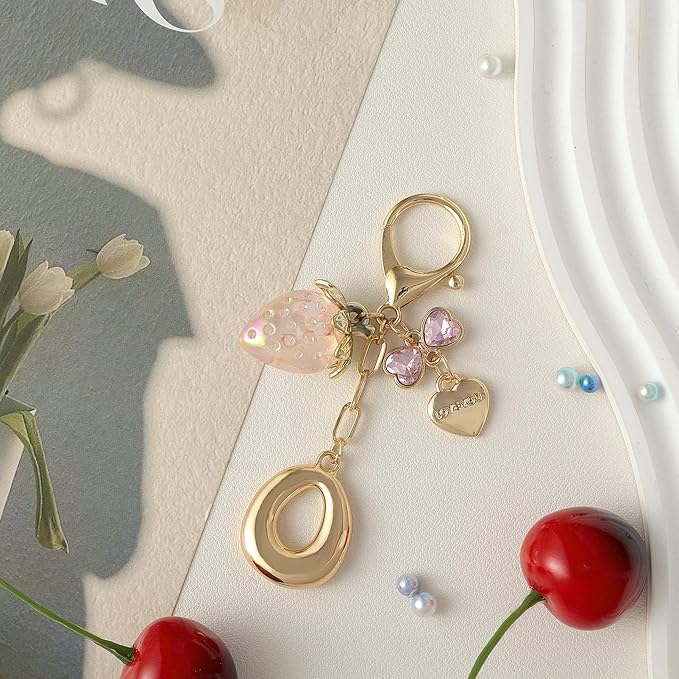 Snycler Bubble Initial Keychain with Strawberry & Bow- Gold Letter Bag Charms for Women, Cute Purse Handbag Accessories