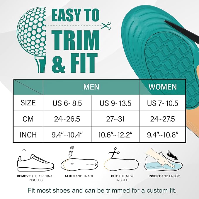 Golf Shoe Insoles for Women - GED Sports Insoles for Arch Support and Athletics - Lightweight, Elastic, Trim to Fit, Increase Stability, Balance, Precision Swings, Reduced Foot Fatigue (US 7-10.5)