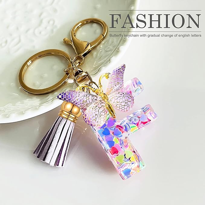 JINGUAZI Initial letter Keychains for Women Tassel Butterfly Pink Purple Cute Car Keychain for Wallet Backpack bag charm