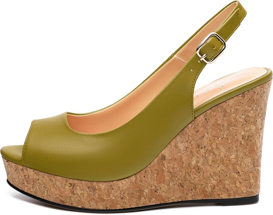 Womens Peep Toe Wedge Heels Matte Fashion Cork Slingback Pumps Platform Wedge Sandals 3.94 Inches