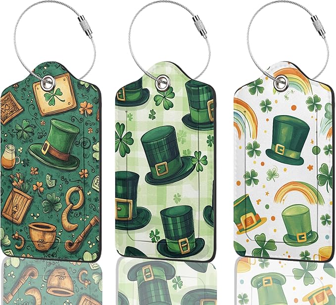 3 Pack Luggage Tag for Suitcase Leather Travel Cruise Luggage Tag with Stainless Steel Loop Name ID Label Privacy Cover for Adults Teens Travel Bag Labels Set (St. Patrick’s Day)