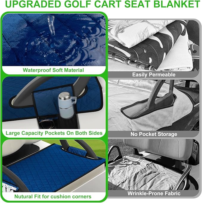 Universal Golf Cart Seat Covers Waterproof Golf Cart Seat Protector with 4 Side Pockets & Anti-Slip Bottom Fits for Most Golf Carts,Fits for EZGO,Club Car,Yamaha and More(Blue with side pockets)