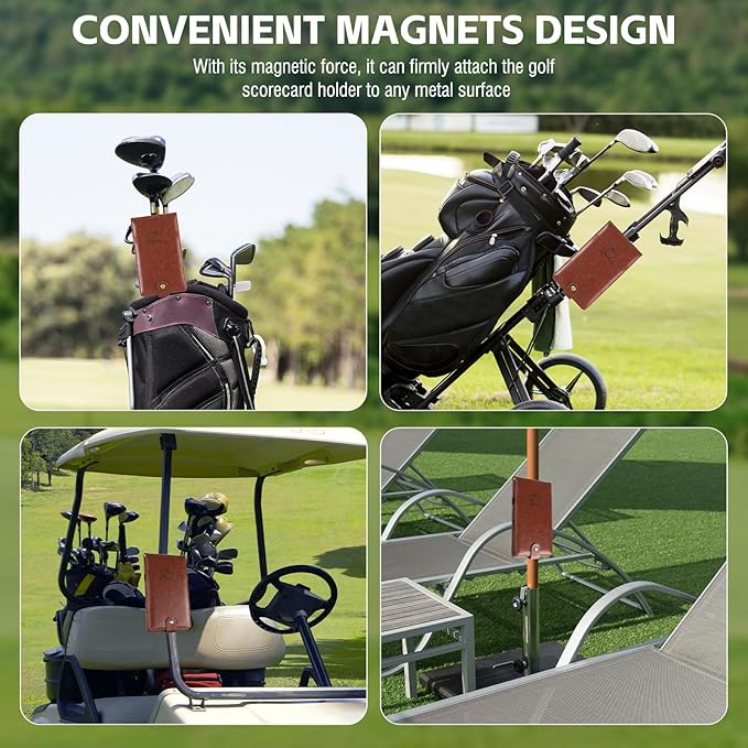 Archerest Magnetic Golf Scorecard Holder, 7.48" x 4.33" Premium Leather Yardage Book Cover Golf with A Pencil and Five Double Sided Printed Scorecards, Golf Accessories and Scorecard Book