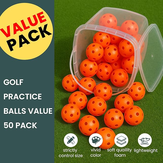 Golf Practice Balls Plastic Value 50 Pack and Golf Ball Bucket with Handle, Limited Flight Sports Training Ball, Indoor Outdoor Backyard Garden Driving Range Use