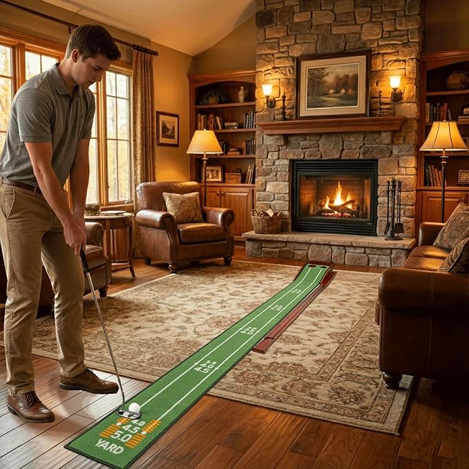 Putting Green Indoor with Three-Level Adjustable Incline, Auto Ball Return - Easy to Fold Solid Wood Base, Golf Training Aid for Home, Office, Backyard - Golf Putting Mat for Men