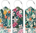 3 Pack PU Leahter Luggage Tag with Stainless Steel Loop,Tropical Flowers Travel Suitcase Labels with Privacy Cover ID Label Quickly Spot for Bags