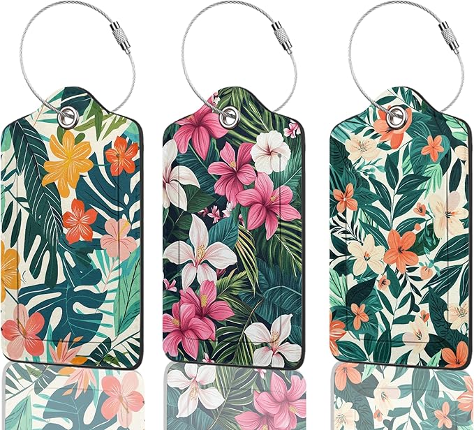 3 Pack PU Leahter Luggage Tag with Stainless Steel Loop,Tropical Flowers Travel Suitcase Labels with Privacy Cover ID Label Quickly Spot for Bags