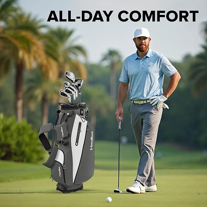 Golf Stand Bag - Lightweight Golf Bag with Stand and 7 Way Dividers, Dual Strap, Waterproof Pocket, Insulated Sleeve, Easy-Lift Handles and Swing-Cam Holder