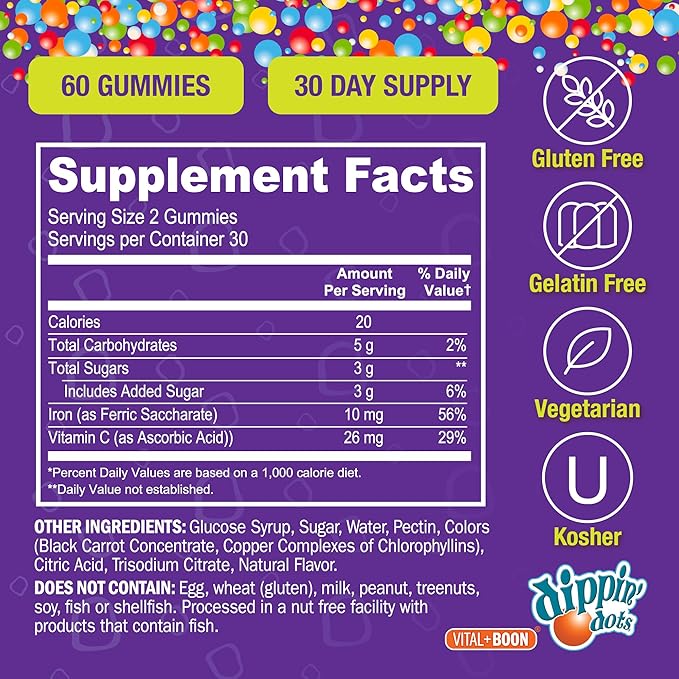 Iron with Vitamin C & B12 Gummies (60 Count) Vital for Red Blood Cell Formation | Gum Drop Grape Real Pectin Fruit Chew Supplements | Vegan, Non-GMO, Gluten Free & Gelatin Free