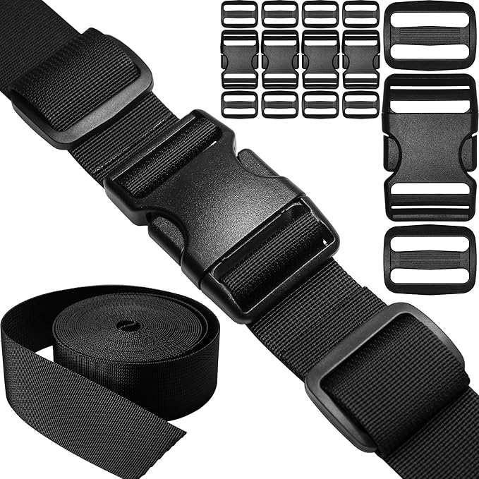 1-1/2 inch Straps Buckles Set: 6 yard Nylon Webbing Strap 1.5" Wide, 5 pack Side Release Plastic Buckle, 10 pcs Tri-glide Slide Clip, Heavy Duty Quick Snap Fasteners Dual Adjustable No Sew Required