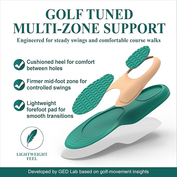 Golf Shoe Insoles for Women - GED Sports Insoles for Arch Support and Athletics - Lightweight, Elastic, Trim to Fit, Increase Stability, Balance, Precision Swings, Reduced Foot Fatigue (US 7-10.5)