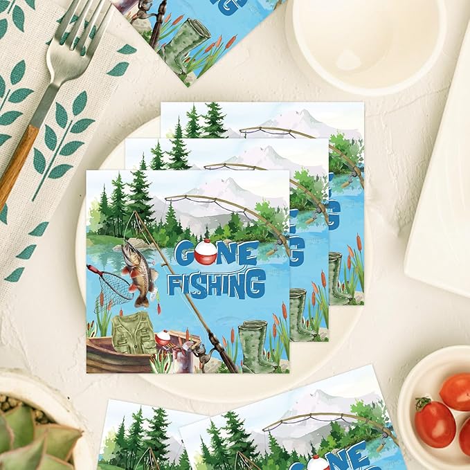 50PCS Gone Fishing Birthday Party Napkins Decorations, Disposable Paper Fish 1st Birthday Decorations, Fisherman Themed Decor Supplies Size 6.5 Inch