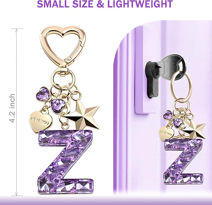 Cute Bling Keychain initial Letter Butterfly Star Pink Purple Gift for Women Girls Bag Cup Charms Accessories