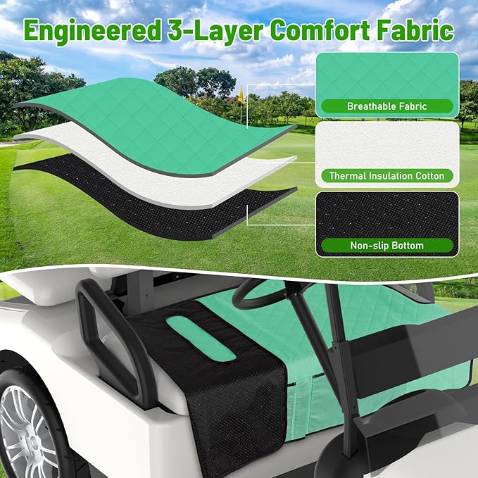Kaskawise Golf Cart Seat Covers,Universal Golf Cart Seat Towel Blanket with 4 Front Pockets & Nonskid Bottom Fits for EZGO, Yamaha, Club Car DS Precedent and More 2 Person Seats Golf Carts (Green)