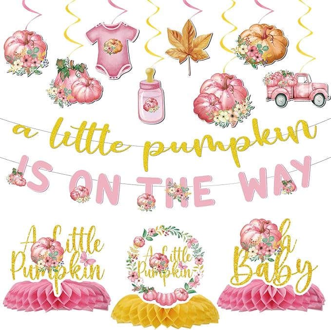 Pumpkin Baby Shower Decorations - 13PCS a Little Pumpkin Is on the Way Baby Shower Banners Hanging Swirls Honeycomb Centerpieces Pink Fall Gender Reveal Party Decorations Decor Supplies