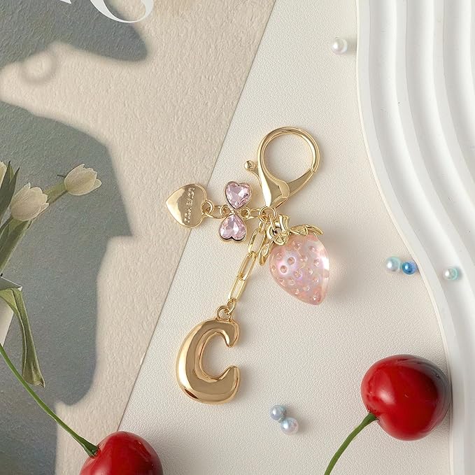 Snycler Bubble Initial Keychain with Strawberry & Bow- Gold Letter Bag Charms for Women, Cute Purse Handbag Accessories