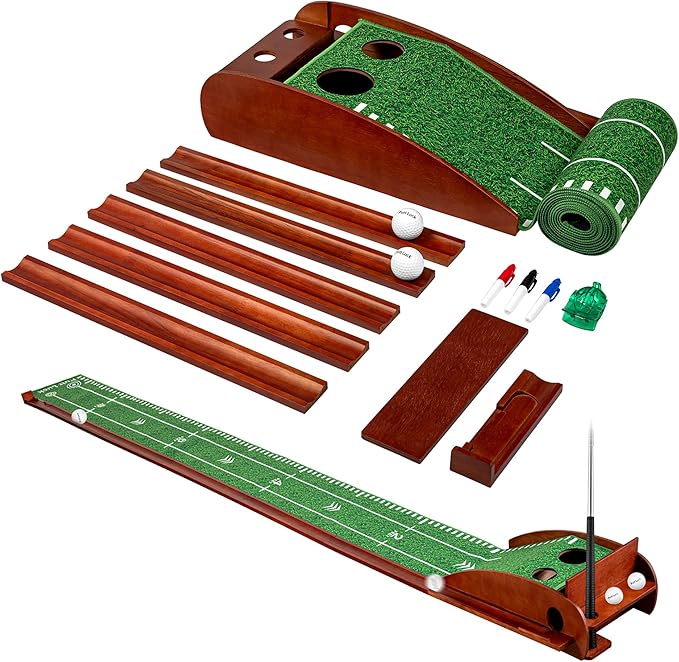 Putting Green Indoor with Automatic Ball Return – Golf Putting Mat with Putter Holder, 2 Golf Balls, Marking Tool & Storage – Portable Golf Training Aid & Gift for Men Home Office