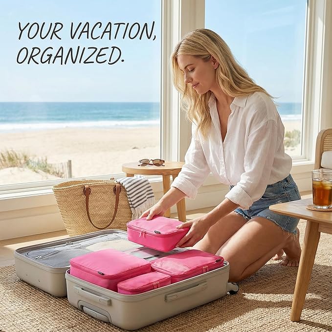 6 Set Compression Packing Cubes for Travel, Large Medium Small Luggage Organizers, Storage Bags for Clothes and Essentials (6 Pack, Rose Red)