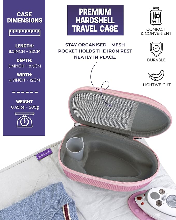 The Quilted Bear Mini Iron, Rest & Ironing Mat - Lightweight Mini Steam Iron with Hard Shell Travel Case, Rest & Ironing Mat - Travel Essentials for Wrinkle Free Clothes & Effortless Quilting (Pink)