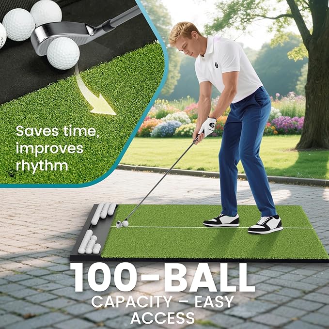 Golf Hitting Mat with Ball Tray, 5x4 / 6x4 ft, 26mm / 31mm Thick, Pro & Elite Turf with Swing Path Line, Premium Golf Practice Mat for Indoor & Outdoor Swing, Chipping, Training