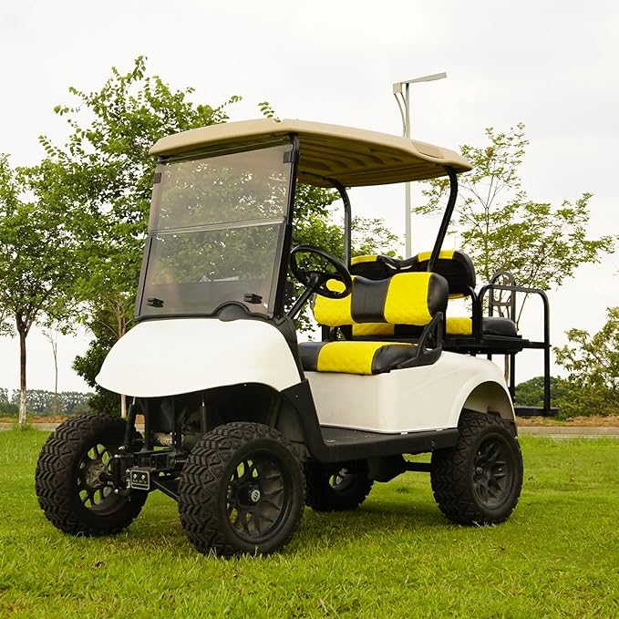 Golf Cart Front and Rear Seat Covers Waterproof and Sun Resistant Marine Grade Vinyl Leather Seat Cover Accessories for EZGO RXV 2008+, Yellow(4PCS)