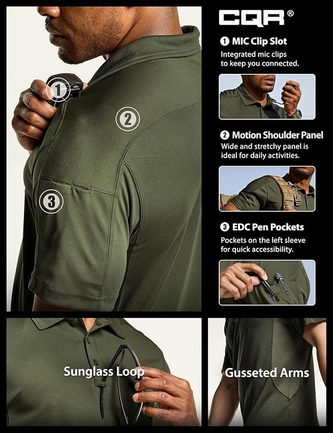 CQR Men's Polo Shirts, Tactical Short Sleeve Golf Performance Shirts, Lightweight Dry Fit UPF 50+ Pique