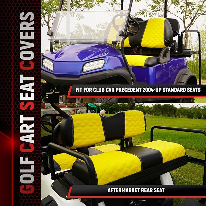 Golf Cart Front and Rear Seat Covers Waterproof and Sun Resistant Marine Grade Vinyl Leather Seat Cover Accessories for Club Car Precedent 2004+, Yellow(4PCS)