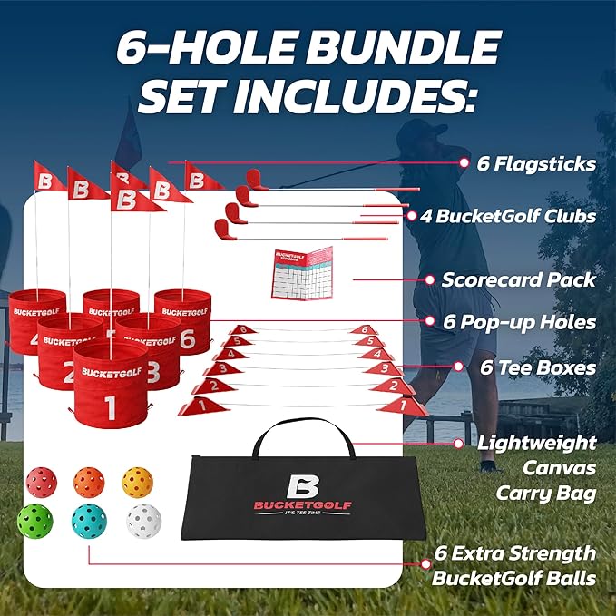 bucketgolf Game 6 Hole Bundle with Clubs - The Best Backyard Golf Game for All Ages and Levels Adults, Kids, Families, Schools, Yards, Parks, Beaches, Vacation. (4 Clubs (4 RH))