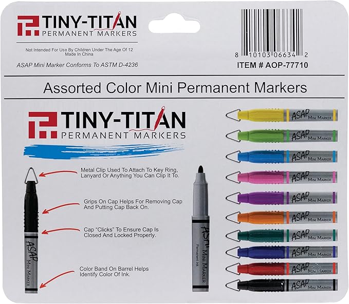 Tiny-Titan Mini Markers - Keychain Clip, Golf Ball Marker, Clip On Nurse's Badge - Fine Point - Assorted 10 Colors - 10 Pens Per Pack