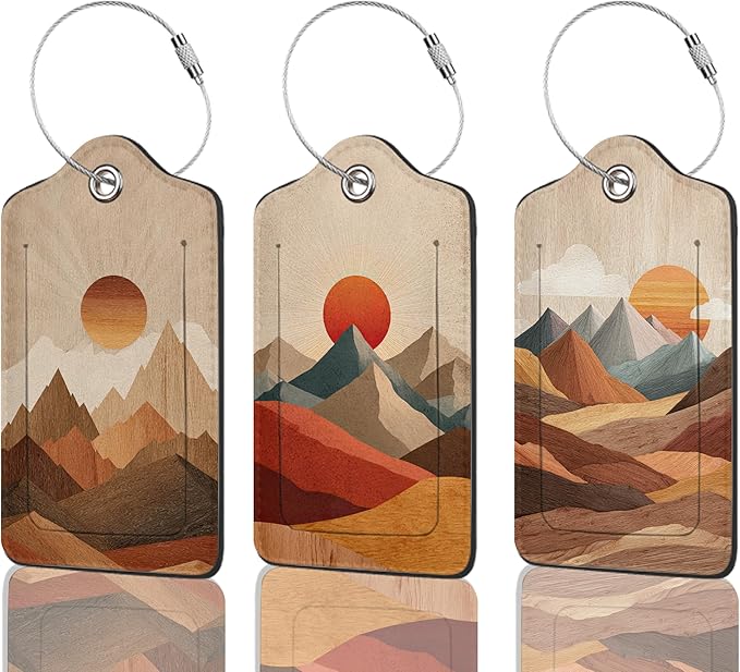 3 Pack PU Leahter Luggage Tag with Stainless Steel Loop,Setting Sun Travel Suitcase Labels with Privacy Cover ID Label Quickly Spot for Bags