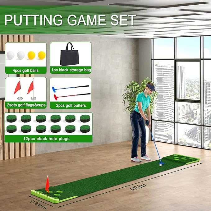 Golf Putting Game Set with Front Border for Indoor & Outdoor,Golf Putting Green Mat Include 4 Balls,1 Portable Bag,2 Flags&Cups,Practice Training Aid for Backyard,Party,Office