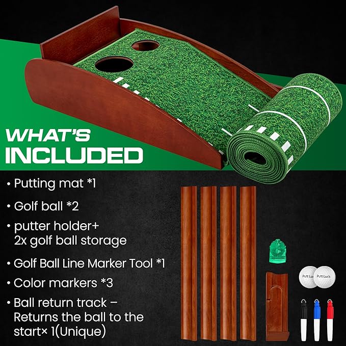 Putting Green Indoor with Automatic Ball Return – Golf Putting Mat with Putter Holder, 2 Golf Balls, Marking Tool & Storage – Portable Golf Training Aid & Gift for Men Home Office