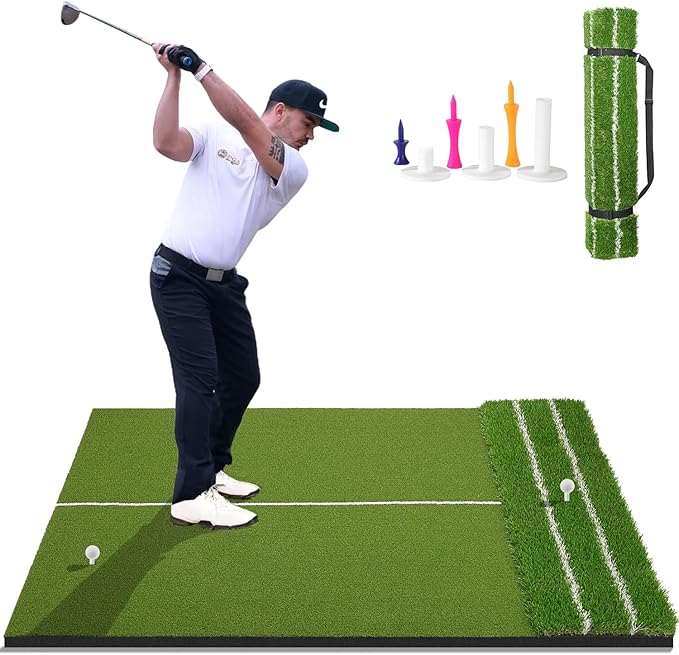 DCQ Real Feel 5x4ft & 6x4ft Golf Hitting Mat, Large Golf Mat, Dual Turf, Fairway & Rough Artificial Grass, Golf Practice Mat Indoor & Outdoor, Driving & Chipping Pad with Cushion, Golf Simulator Mat
