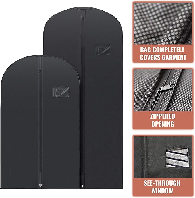 PLX Black Garment Bags for Hanging Clothes, Men Suit Bag for Travel and Clothing Storage of Women Dresses, Shirts, Fur Coats, Dance Costumes Suit Cover - Closet Storage Long Garment Bags w/Zipper