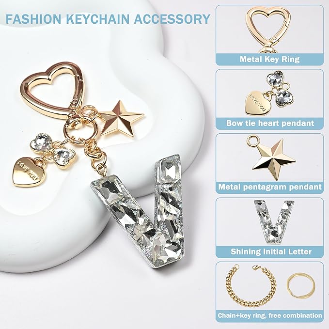 Cute Bling Keychain initial Letter Butterfly Star Pink Purple Gift for Women Girls Bag Cup Charms Accessories