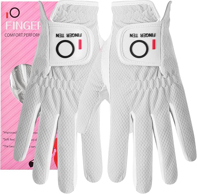 FINGER TEN Womens Golf Glove Right Handed Golfer Left Hand Rain Grip Hot Wet All Weather Value 2 Pack, Golf Gloves Breathable Flexible for Ladies Women