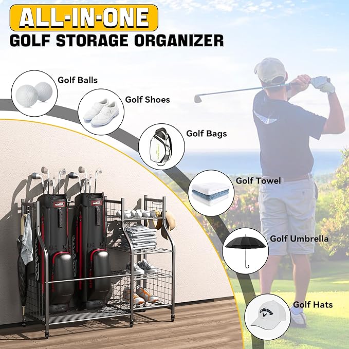 Ultrawall Golf Storage Organizer, Golf Bag Storage Stand for Garage, Golf Equipment Rack with Wheels Fits 2 Golf Bags and Golf Equipment Accessories