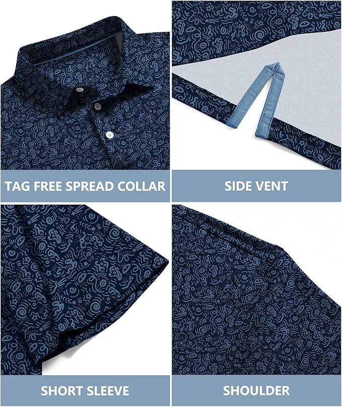 JACKETOWN Mens Polo Shirts Short Sleeve Print Dry Fit Performance Moisture Wicking Casual Collared Golf Shirts