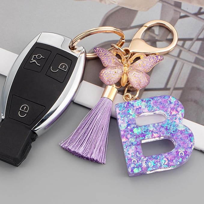 Suweibuke Colourful Cute Initial Letter Keychains for Women Girls with Tassel Butterfly, Charm for Purse Handbags Backpacks