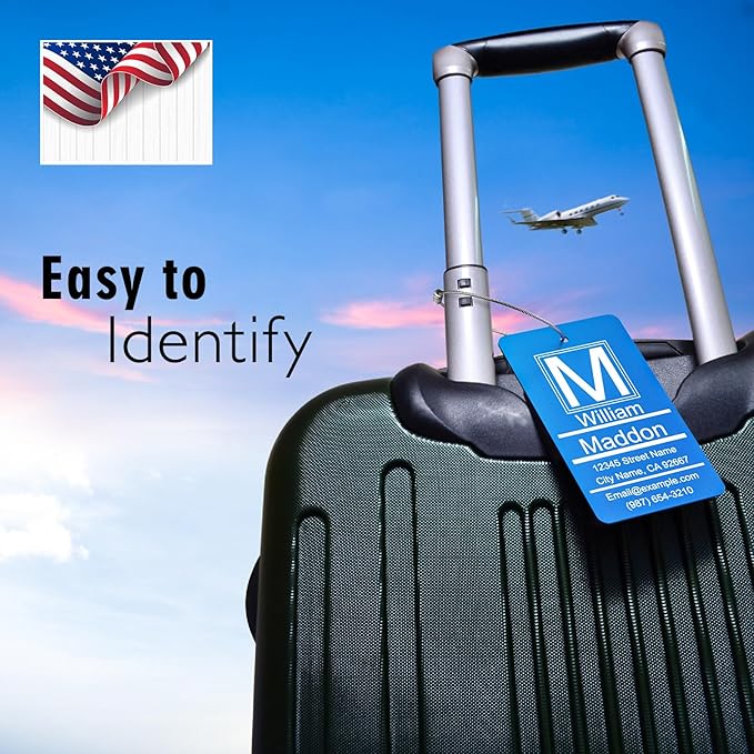 Luggage Tags for Suitcase - Personalized Engraved Metal Tag for Cruise Travel - Blue Custom Name Tags Suitable for Bags and Backpacks